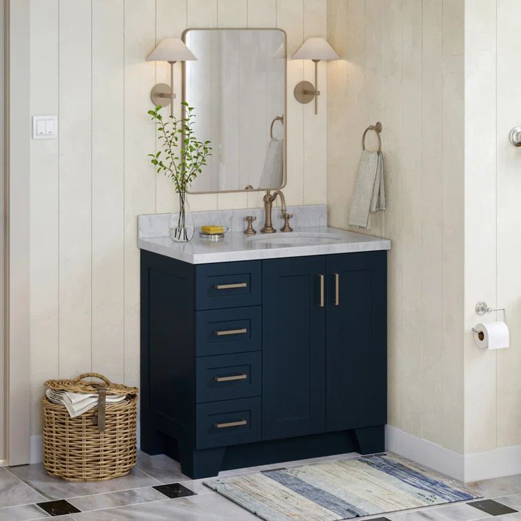 Midnight Blue Hardwood Single Vanity Cabinet with Brass Hardware