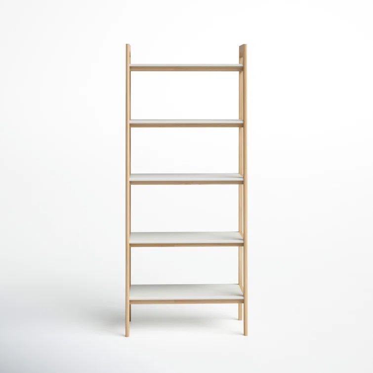 Parker Mid-Century Solid Wood and MDF Ladder Bookcase in Off-White/Natural