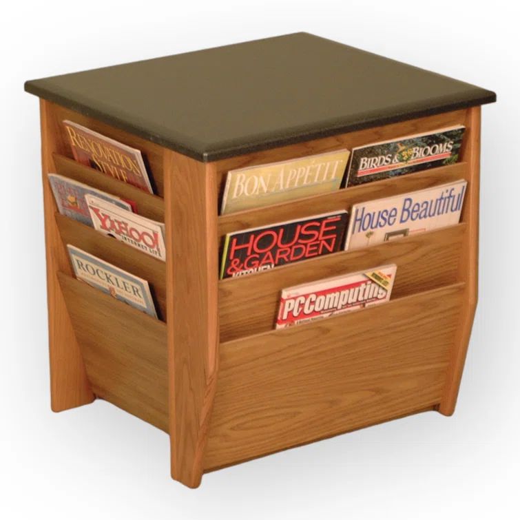 Modern Oak and Stone Rectangular End Table with Magazine Pockets
