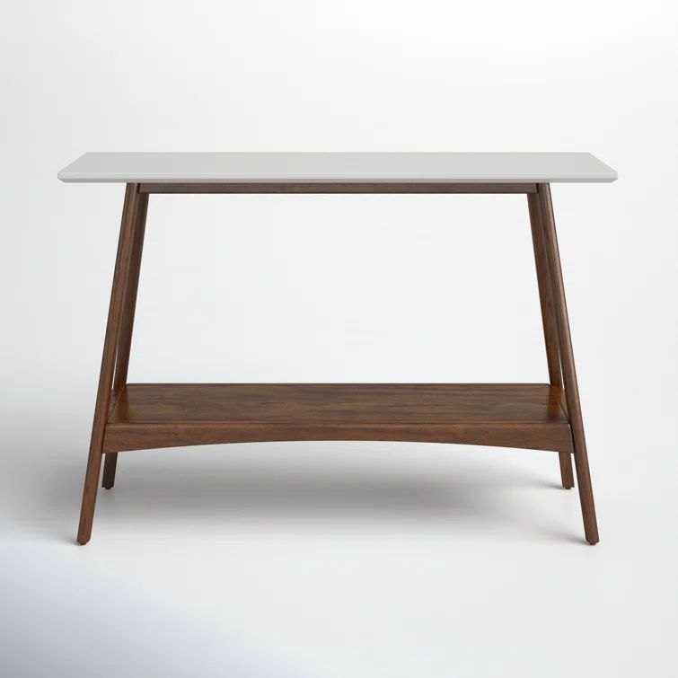 Mid-Century Off-White and Pecan Console Table with Storage Shelf