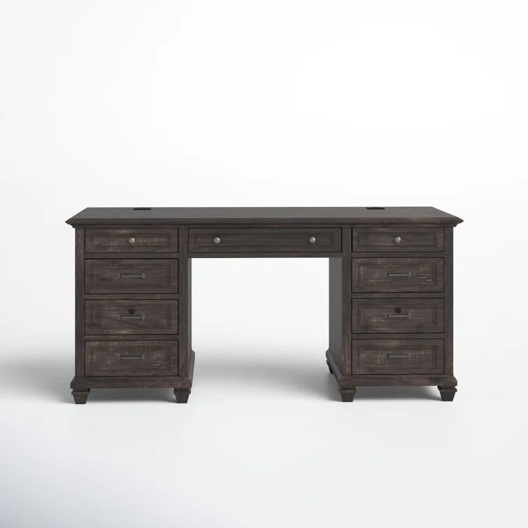 Transitional Weathered Charcoal Solid Wood Executive Desk with Power Outlet