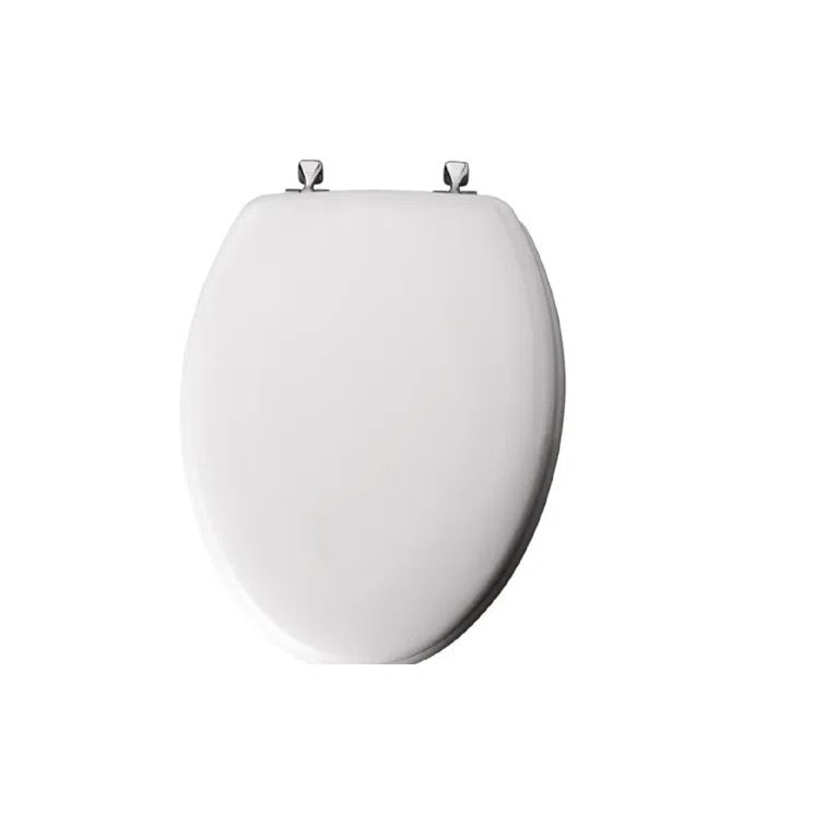 White Gloss Elongated Enameled Wood Toilet Seat with Chrome Hinges