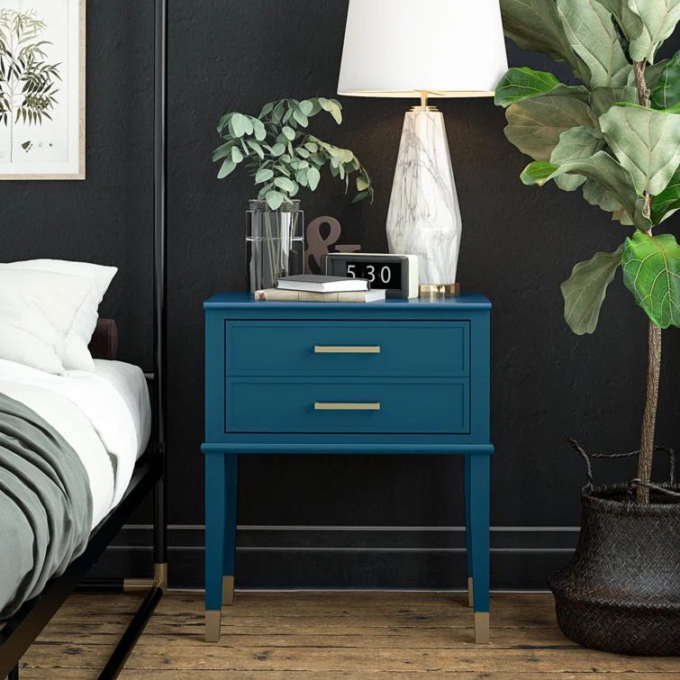 Moroccan Blue Wood End Table with Storage and Gold Accents