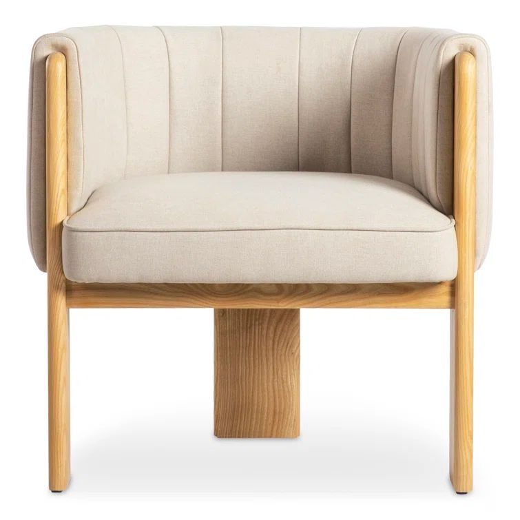 Beige Polyester Upholstered Barrel Chair with Natural Wood Frame