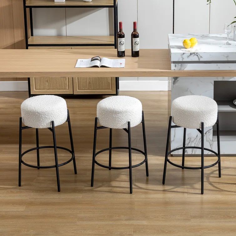 White Boucle Swivel Backless Metal Counter Stools, Set of 3