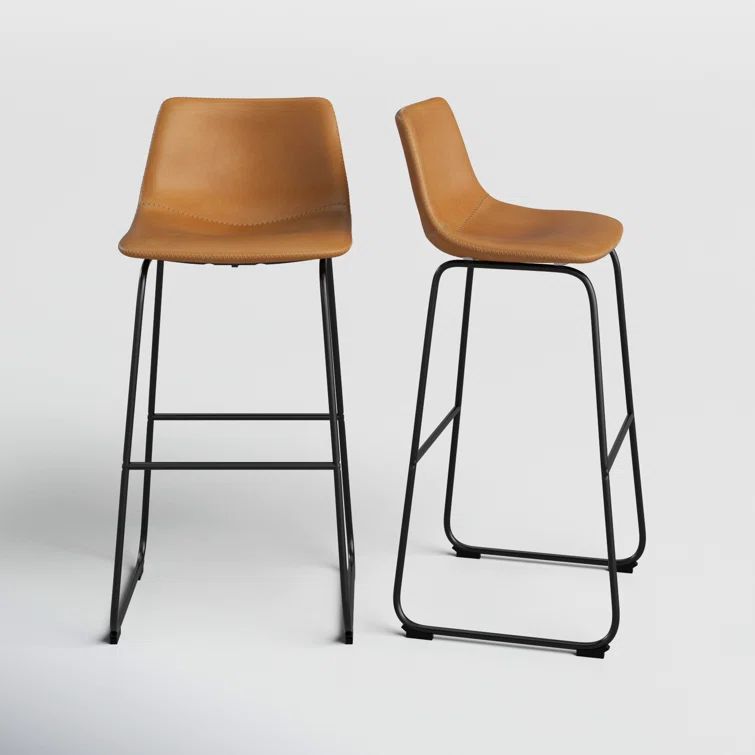 Whiskey Brown Faux Leather Mid-Century Bar Stools, Set of 2