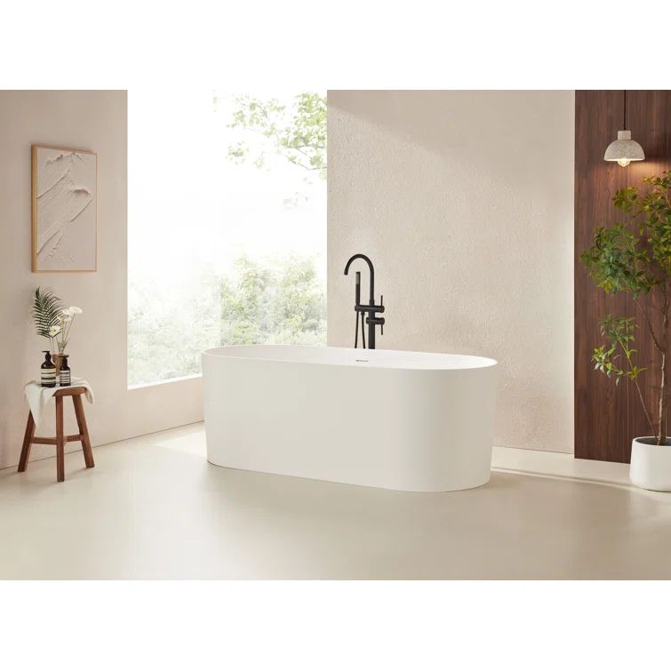 59" Matte White Stone Resin Freestanding Soaking Bathtub with Pop Up Drain