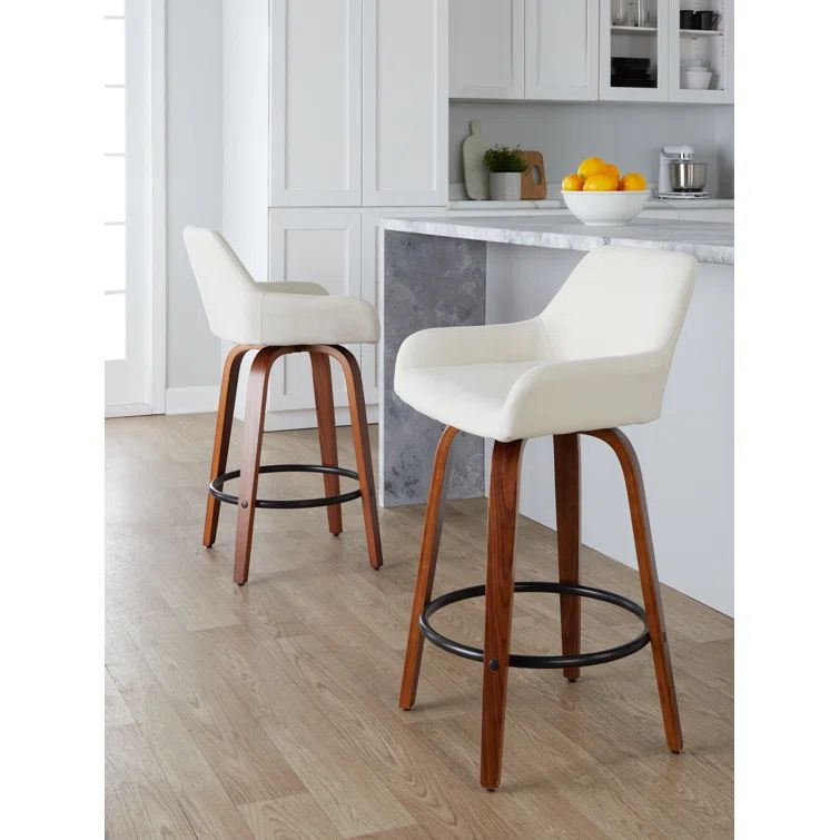 Beige Upholstered Swivel Counter Stools with Walnut Bent Wood Legs