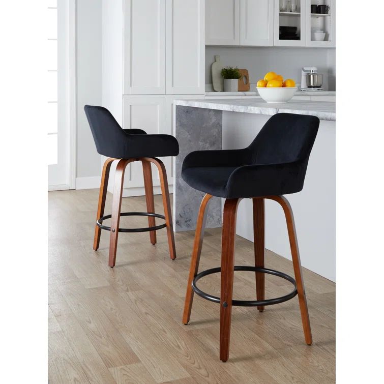 Black Velvet Swivel Counter Stool with Walnut Wood Legs