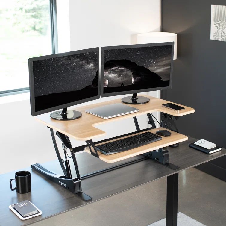 Light Wood Height Adjustable Standing Desk Converter with Monitor Riser