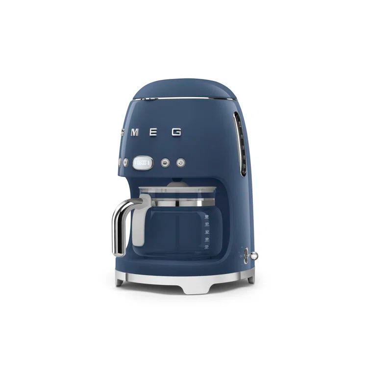 Navy Blue Retro Style 10-Cup Drip Coffee Machine with Glass Carafe