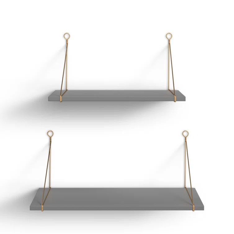 Vista Gray and Gold Wood and Metal Bracket Wall Shelves, 2-Piece Set
