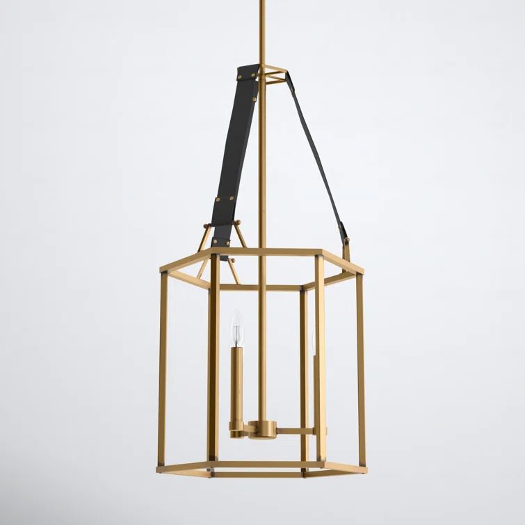Monroe Heritage Brass Hexagonal Cage Chandelier with Suede Straps