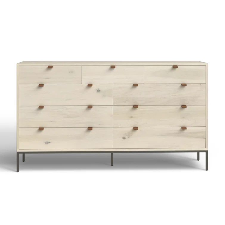 Dove Poplar Wood Mid-Century 9-Drawer Dresser with Iron Legs