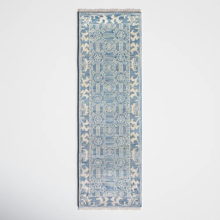Hand-Knotted Denim Blue Wool Runner Rug, 2'6" x 8'0", Stain-Resistant