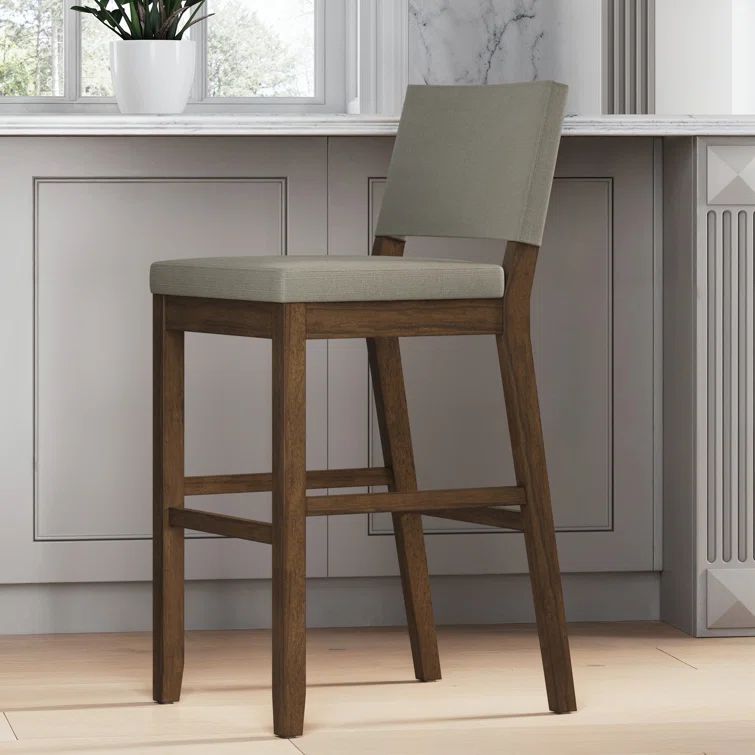 Linus Gray Upholstered Bar Stool with Rubberwood Frame