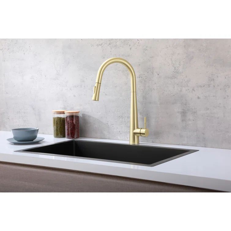 Brushed Gold Stainless Steel Gooseneck Pull-Down Kitchen Faucet