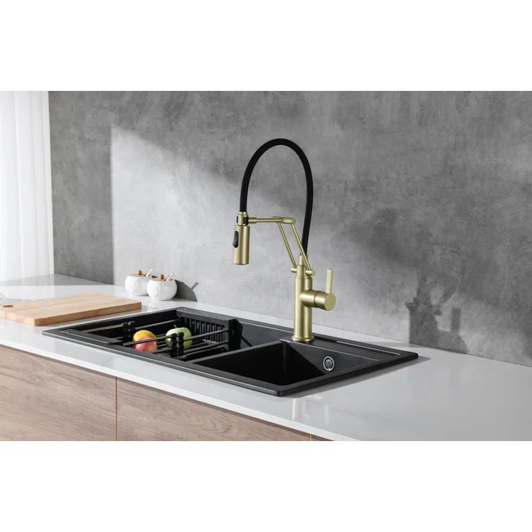 Brushed Gold Brass Low Arc Kitchen Faucet with Pull-out Spray