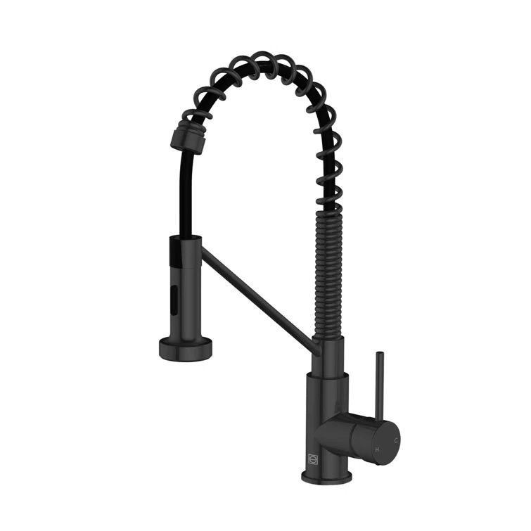 Matte Black Brass Spring Neck Kitchen Faucet with Pull-out Spray