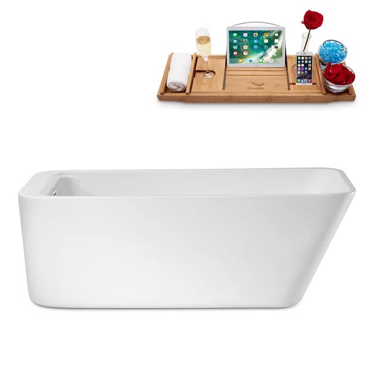63" Glossy White Freestanding Acrylic Soaking Bathtub with Bamboo Tray