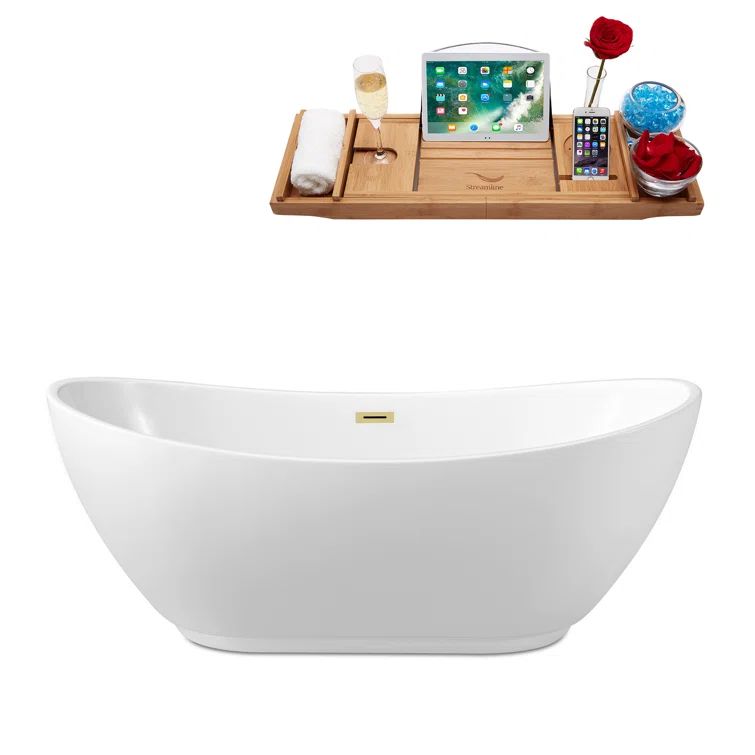 62" White Acrylic Freestanding Soaking Bathtub with Polished Brass Drain