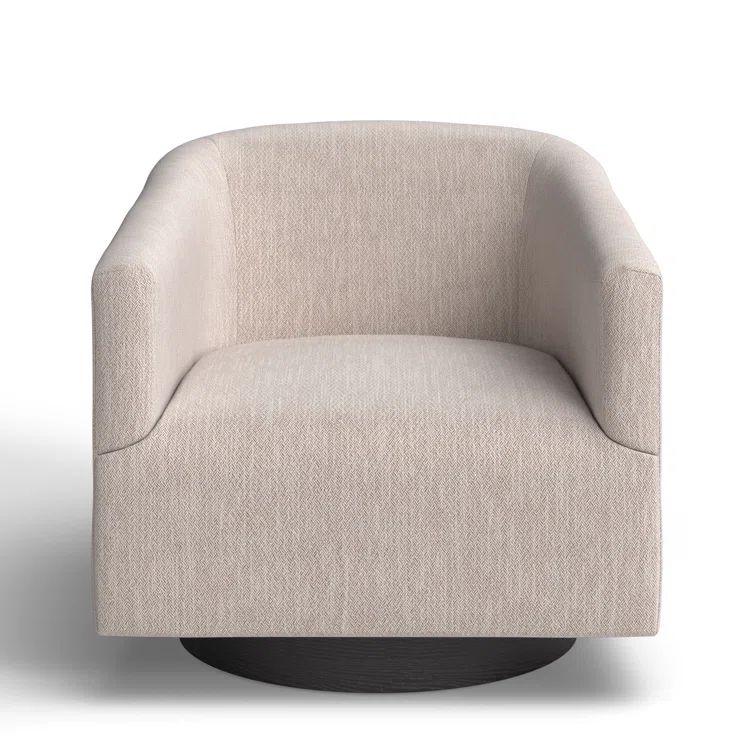 Donovan Oatmeal Fabric and Black Wood Swivel Barrel Chair