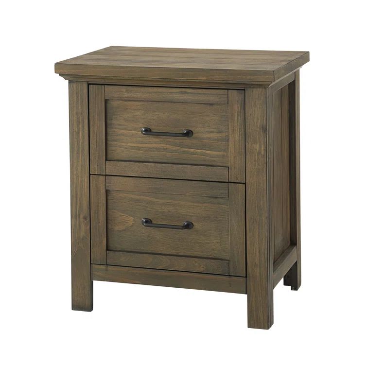 Brown Pine Solid Wood 2-Drawer Nightstand with Matte Black Handles