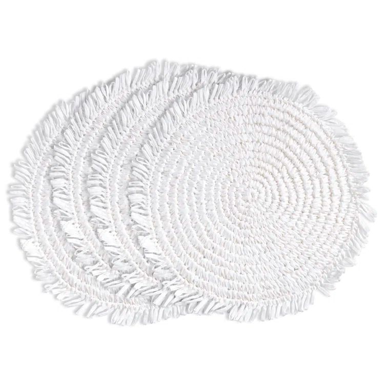 White Round Raffia Fringe Placemats, 14-inch Set of 4