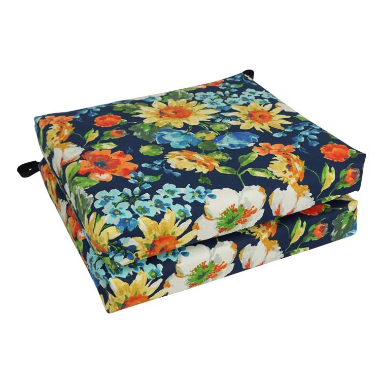 Navy and Orange Floral Outdoor Chair Cushions, Set of 2