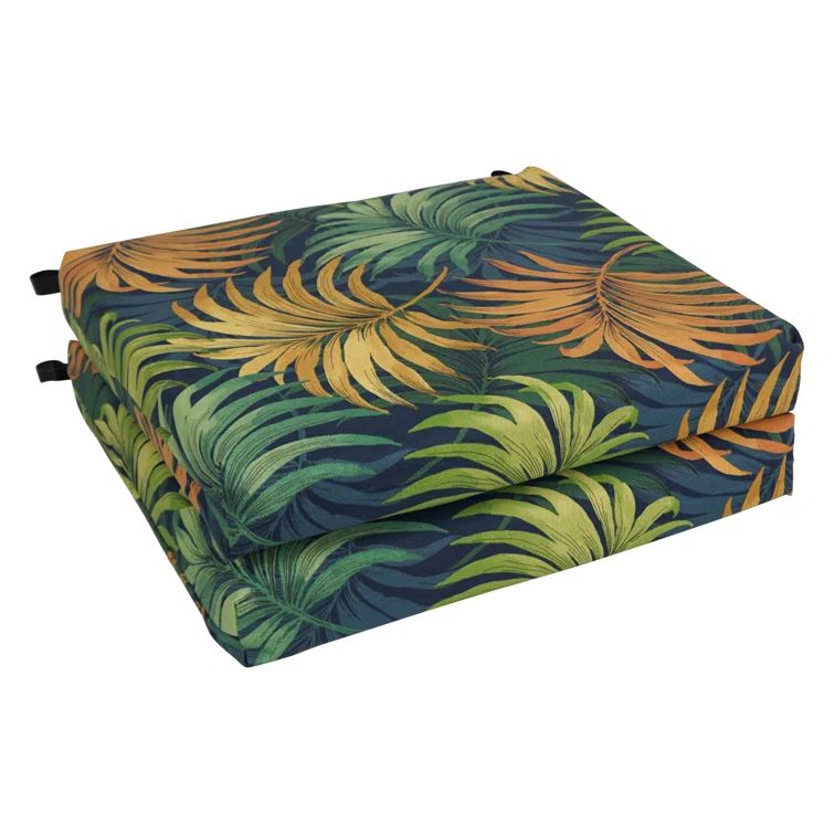 Navy and Green Tropical Pattern Outdoor Chair Cushions, Set of 2