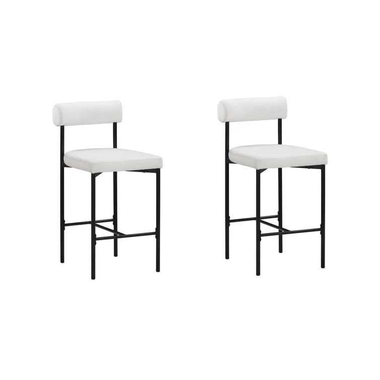 Cream Boucle Upholstered Counter Height Barstool with Black Metal Legs, Set of 2