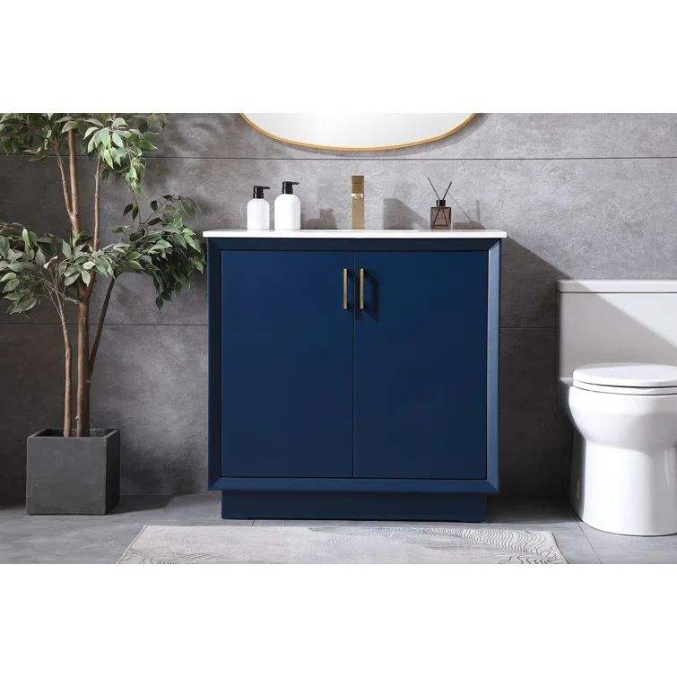Blue 36" Freestanding Vanity with Gold Hardware and Marble Top