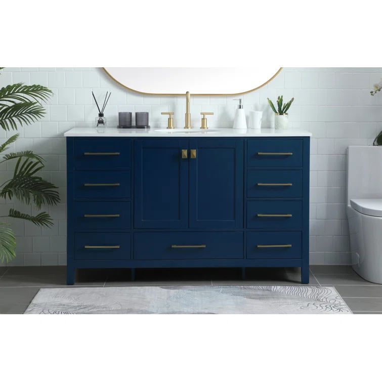 Blue and Gold 54'' Single Bathroom Vanity with Marble Top