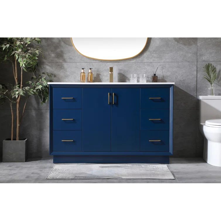 Hayes 54'' Blue Freestanding Bathroom Vanity with Gold Hardware and Marble Top