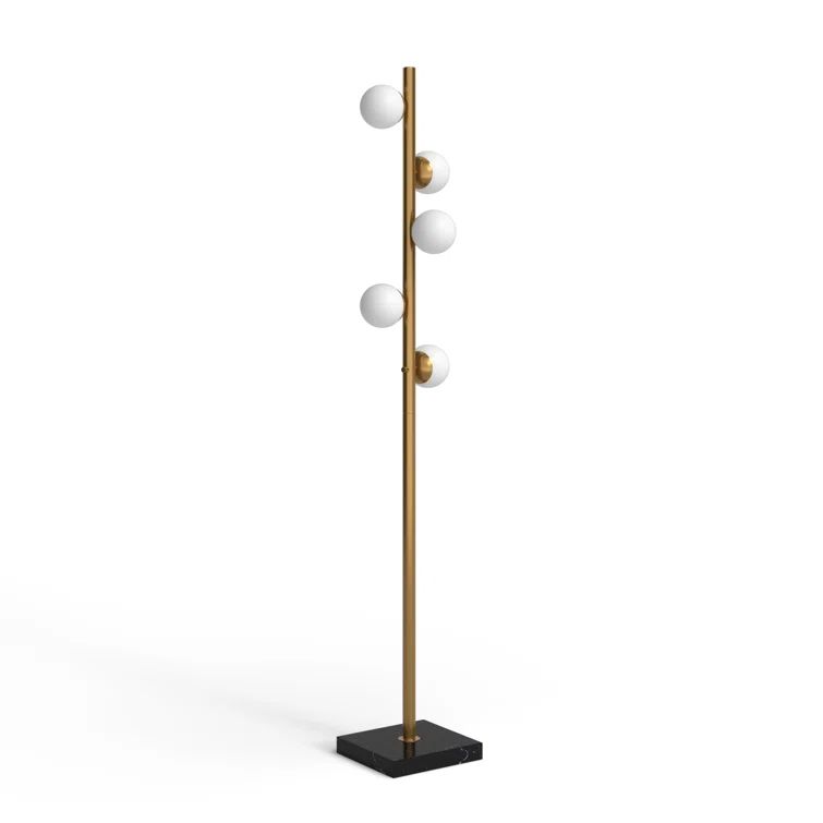 Mid-Century Antique Brass LED Tree Floor Lamp with White Opal Shades