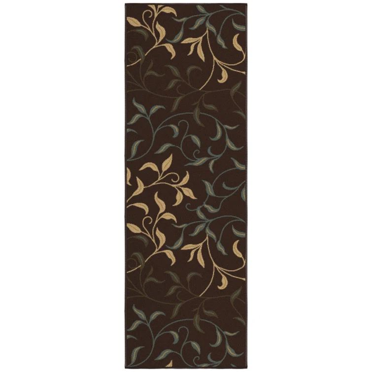 Chocolate Brown and Beige Nylon Runner Rug with Leaf Design
