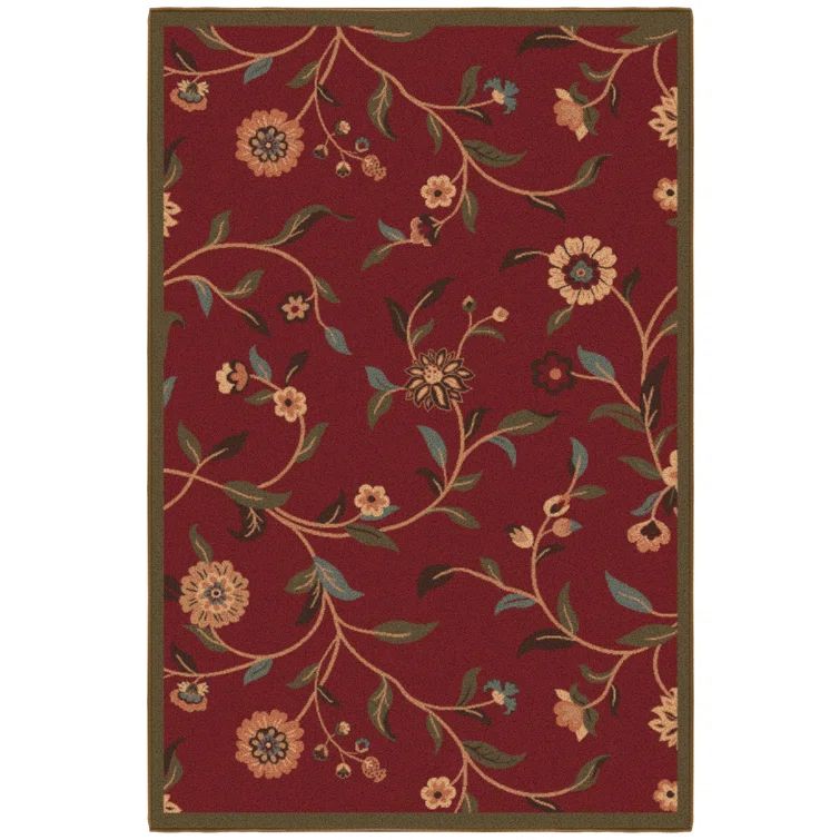 Red Floral Leaves Non-Slip Rubberback 3x5 Area Rug