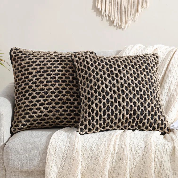 Jada Black and Jute 20" Square Boho Throw Pillow Set