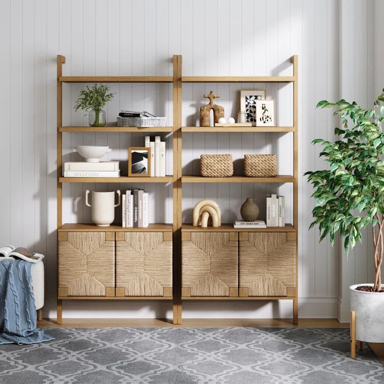 Nathan James Light Brown Solid Wood Ladder Bookcase with Seagrass Doors