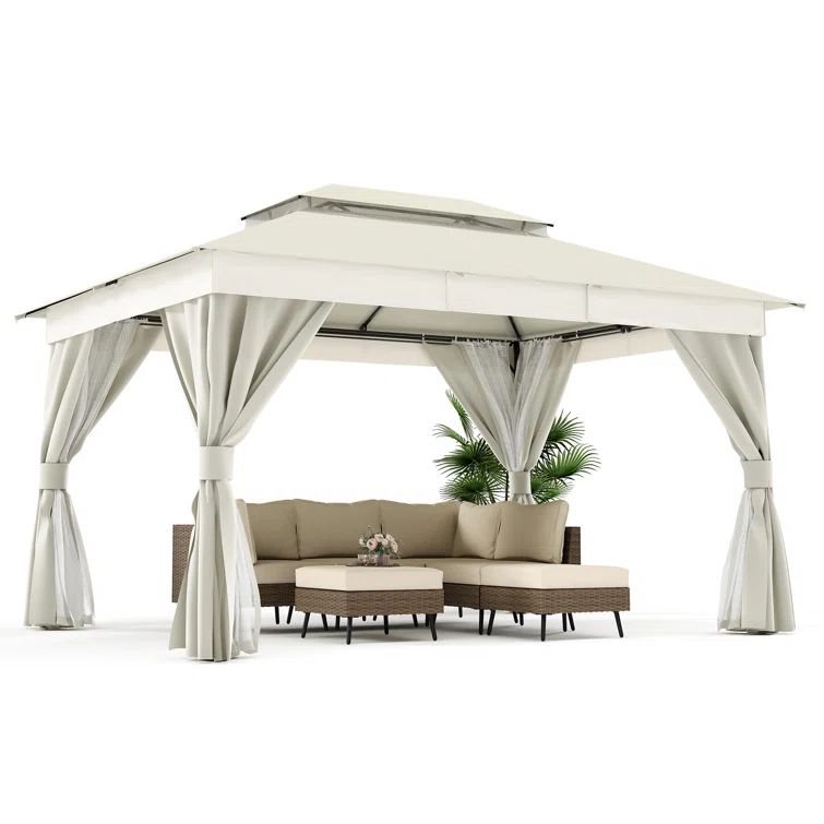Creamy White Steel Patio Gazebo with Mosquito Netting and Curtains