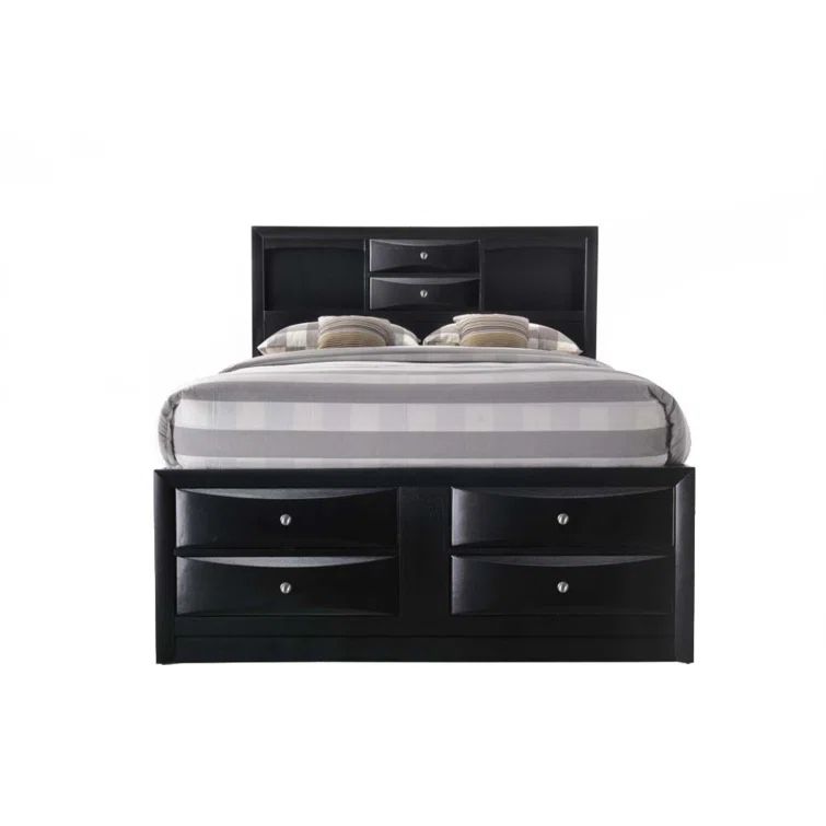 Transitional Black Queen Storage Bed with Nickel Accents and Bookcase Headboard
