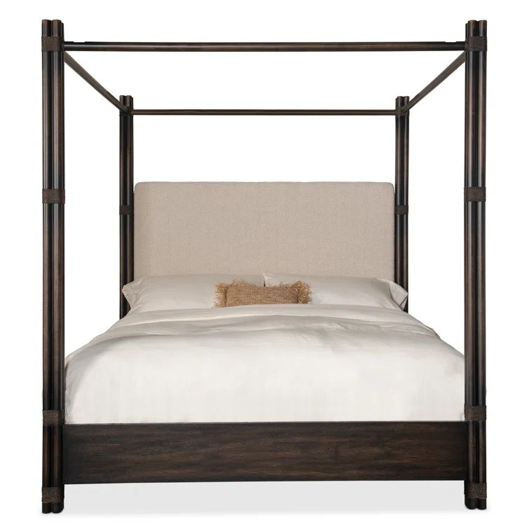 California King Dark Wood and Cream Upholstered Canopy Bed