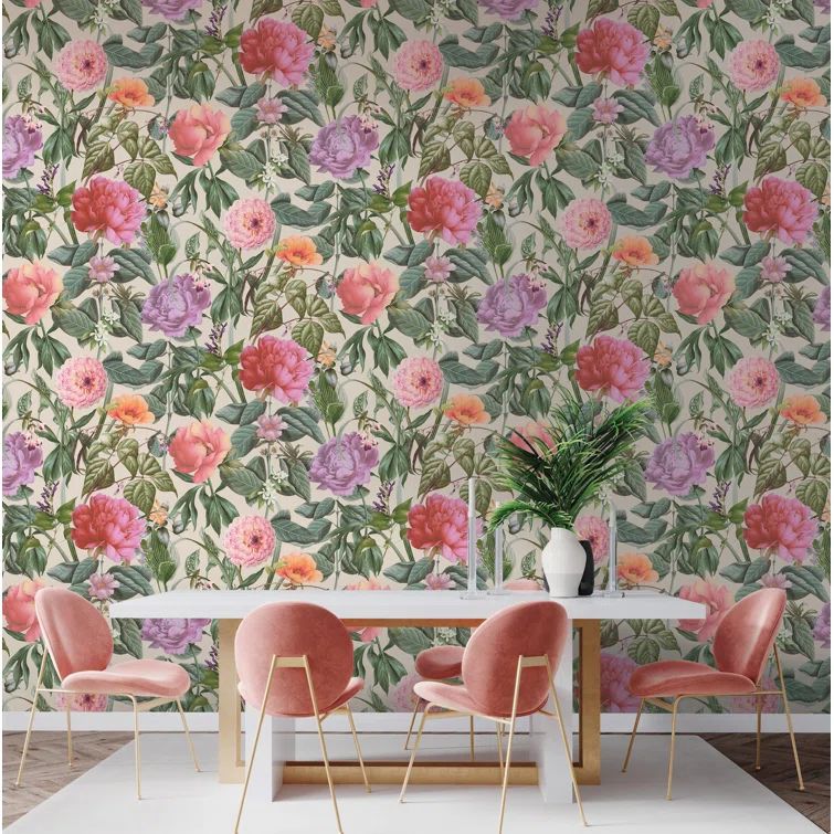Floral Botanical Paradise Textured Wallpaper in White and Pink