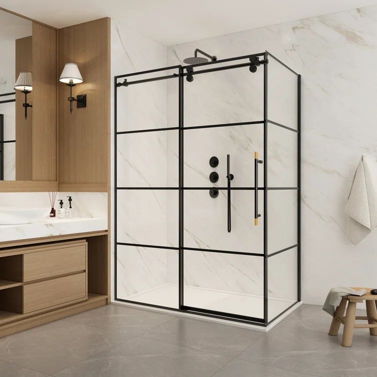 Losar 48'' Black Framed Rectangle Shower Enclosure with Sliding Door
