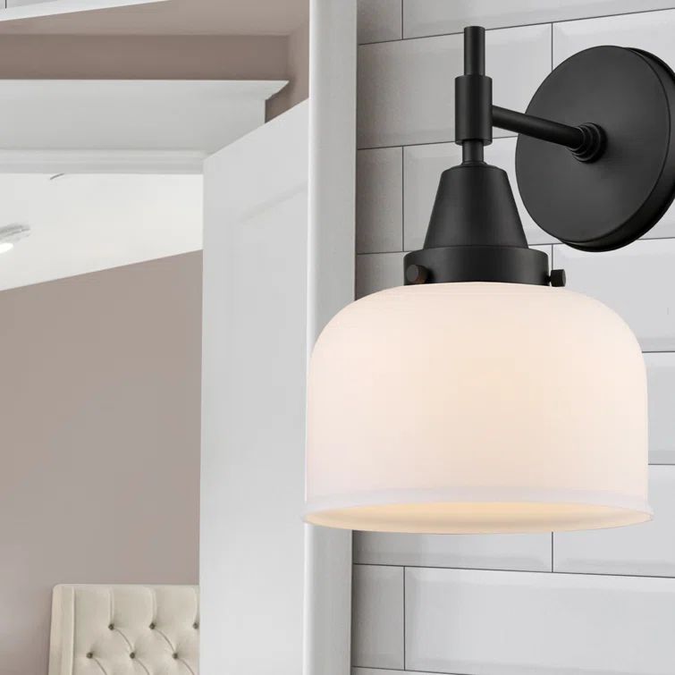 Caden Matte Black Industrial Sconce with Dimmable White Glass Shade