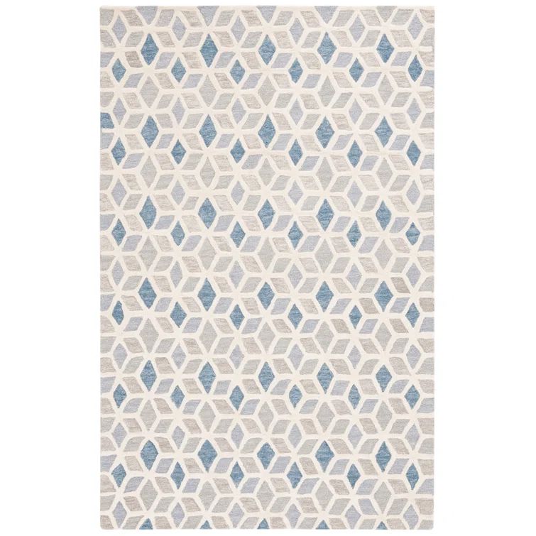Ivory and Blue Hand-Tufted Wool Geometric Rug, 3' x 5'