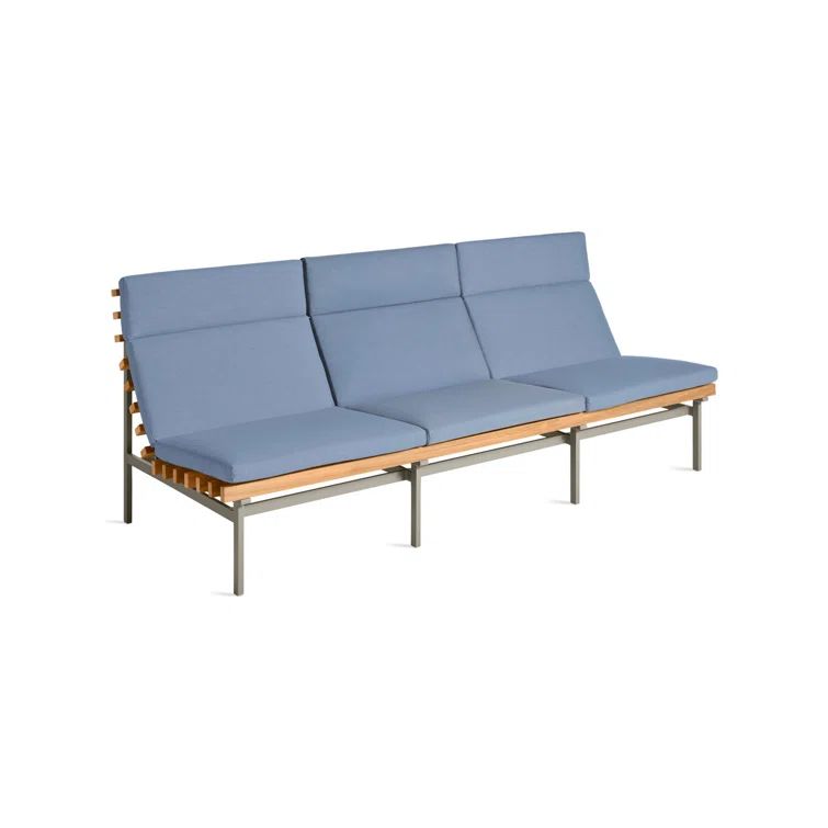 Charcoal Teak Three Seat Outdoor Sofa with Blue Cushions