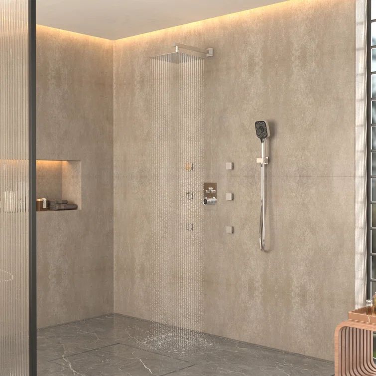 Chrome 12-Inch Wall Mounted Rainfall Shower System with Handheld and Body Jets