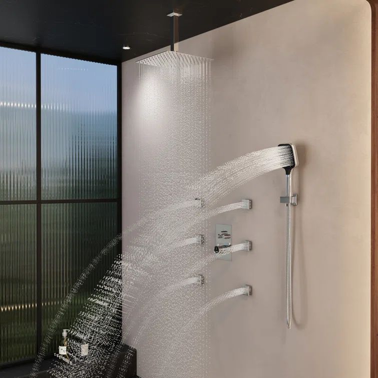 Chrome 12-Inch Ceiling Mounted Rainfall Shower System with 6 Body Jets