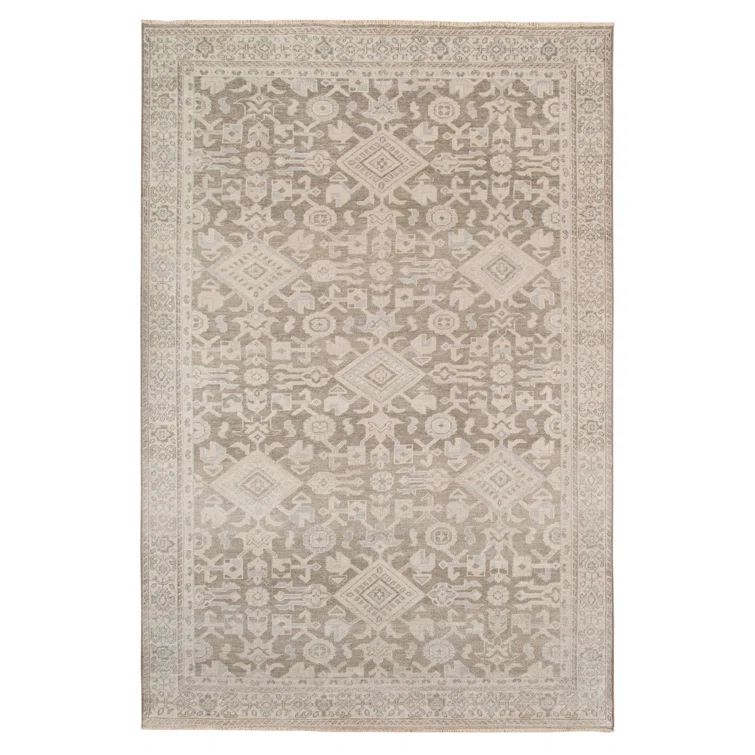 Reversible Taupe Hand-Knotted Wool & Viscose Accent Rug with Faded Embellishment